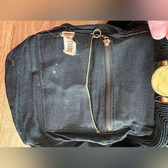 Vintage 1940s Genuine Corde Black Handbag with Brass Clasp Frame Bag Clutch - Picture 6 of 14